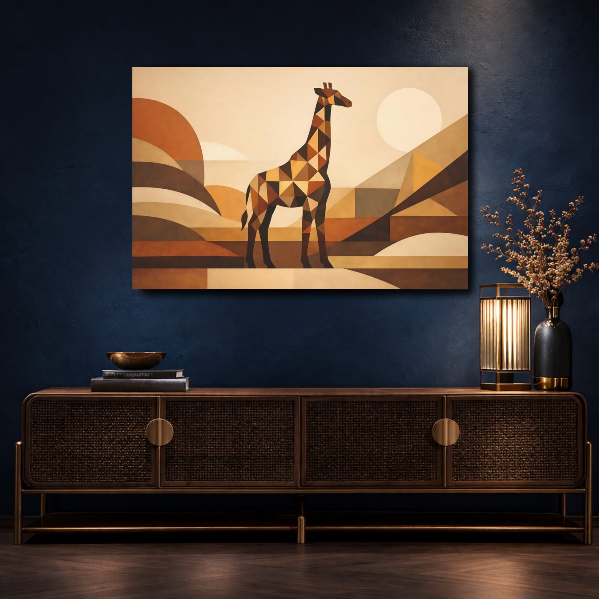 Mockup 4. Animals Giraffe Brown Geometric Giraffe shown as stretched canvas wall art