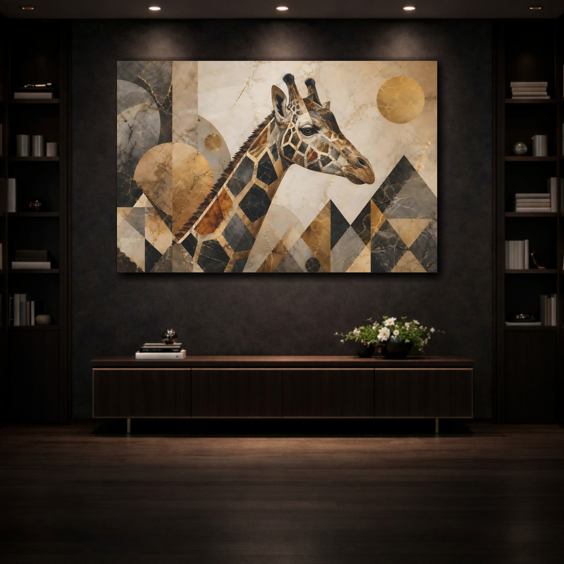 Mockup 3. Animals Giraffe Gold Giraffe shown as stretched canvas wall art