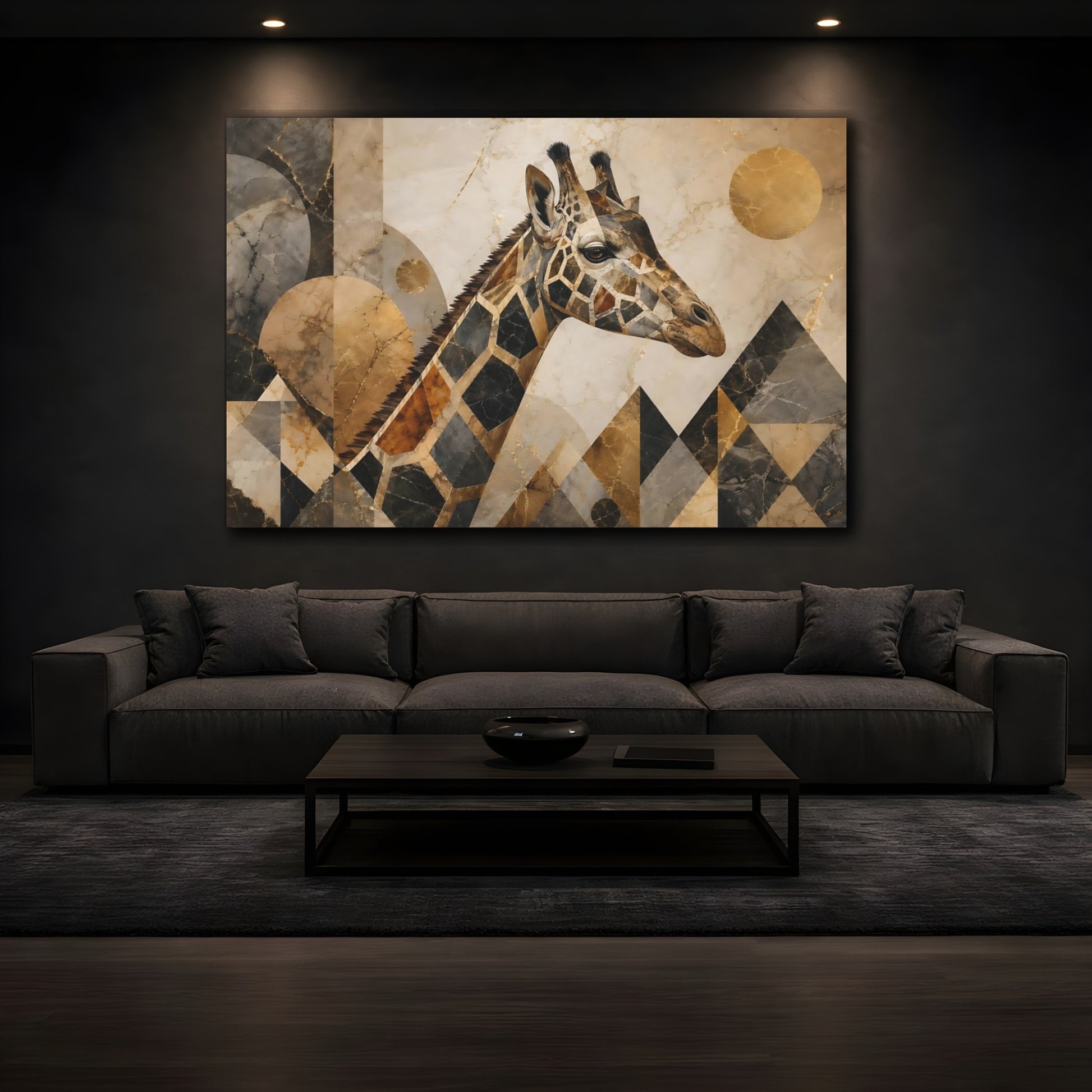 Mockup 4. Animals Giraffe Gold Giraffe shown as stretched canvas wall art
