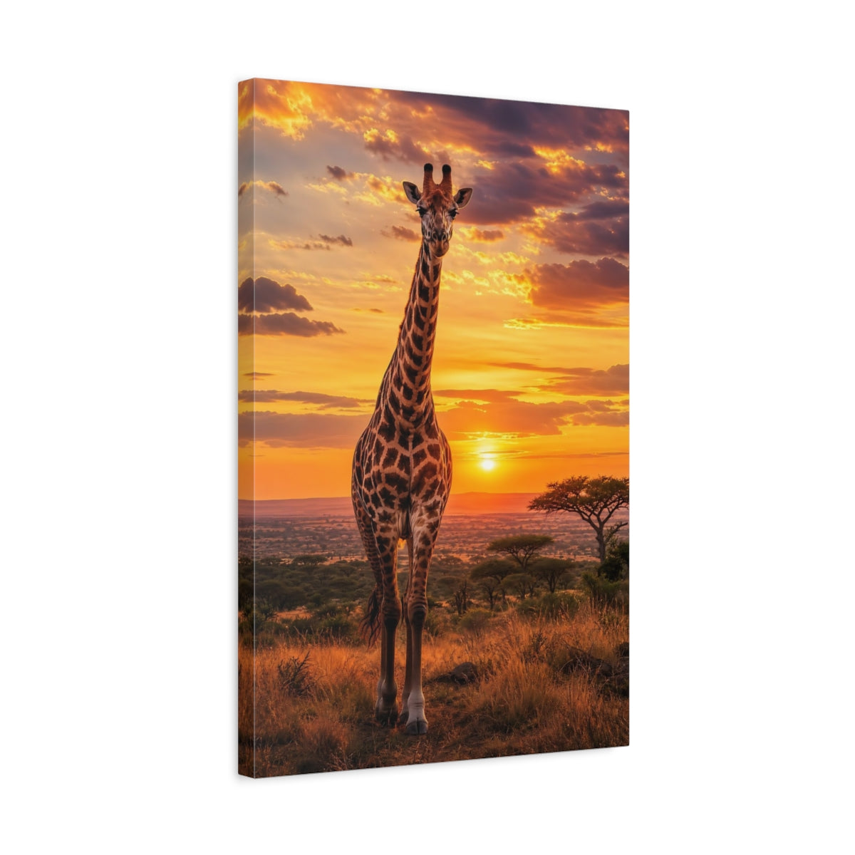 Side Mockup 3. Animals Giraffe Orange Sunset shown as stretched canvas wall art