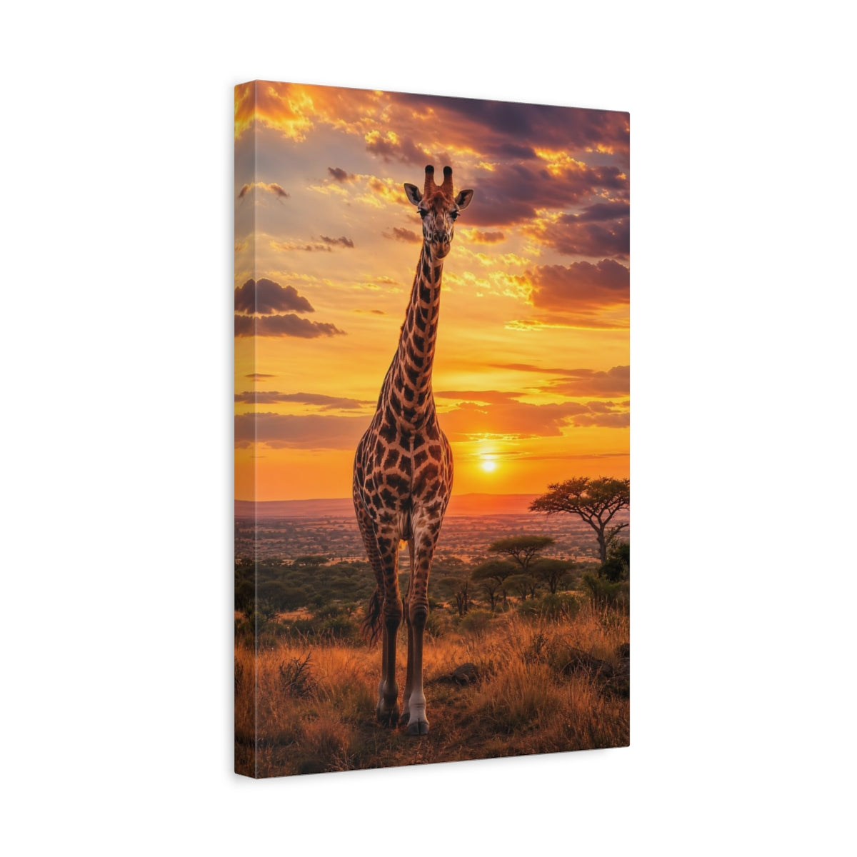 Side Mockup 4. Animals Giraffe Orange Sunset shown as stretched canvas wall art