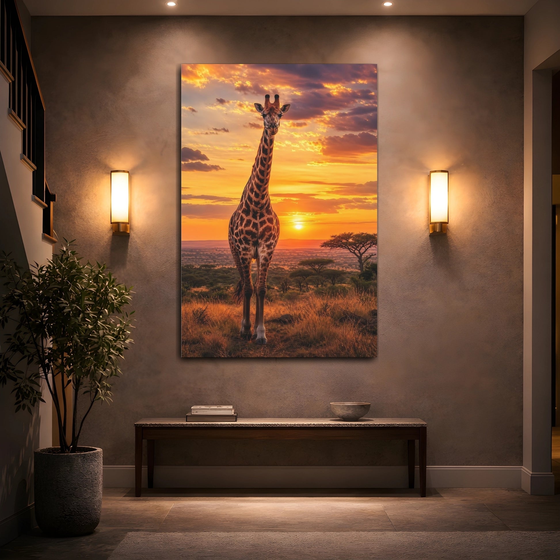 Mockup 2. Animals Giraffe Orange Sunset shown as stretched canvas wall art