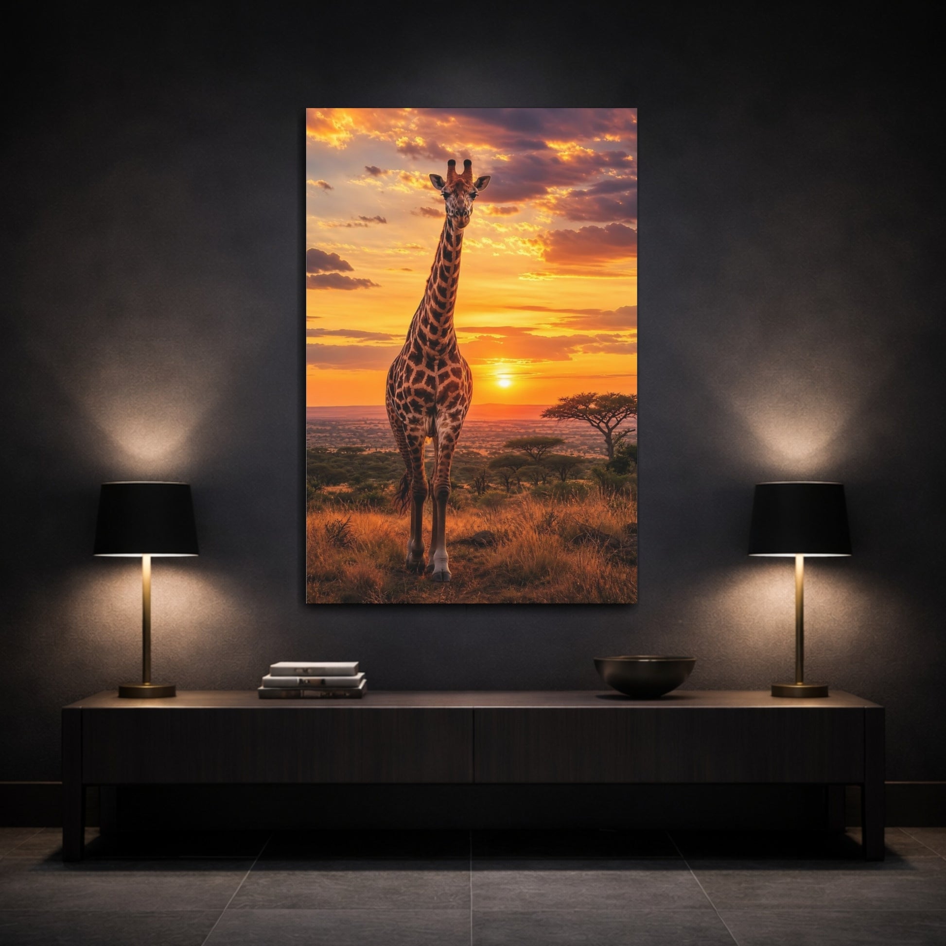 Mockup 3. Animals Giraffe Orange Sunset shown as stretched canvas wall art