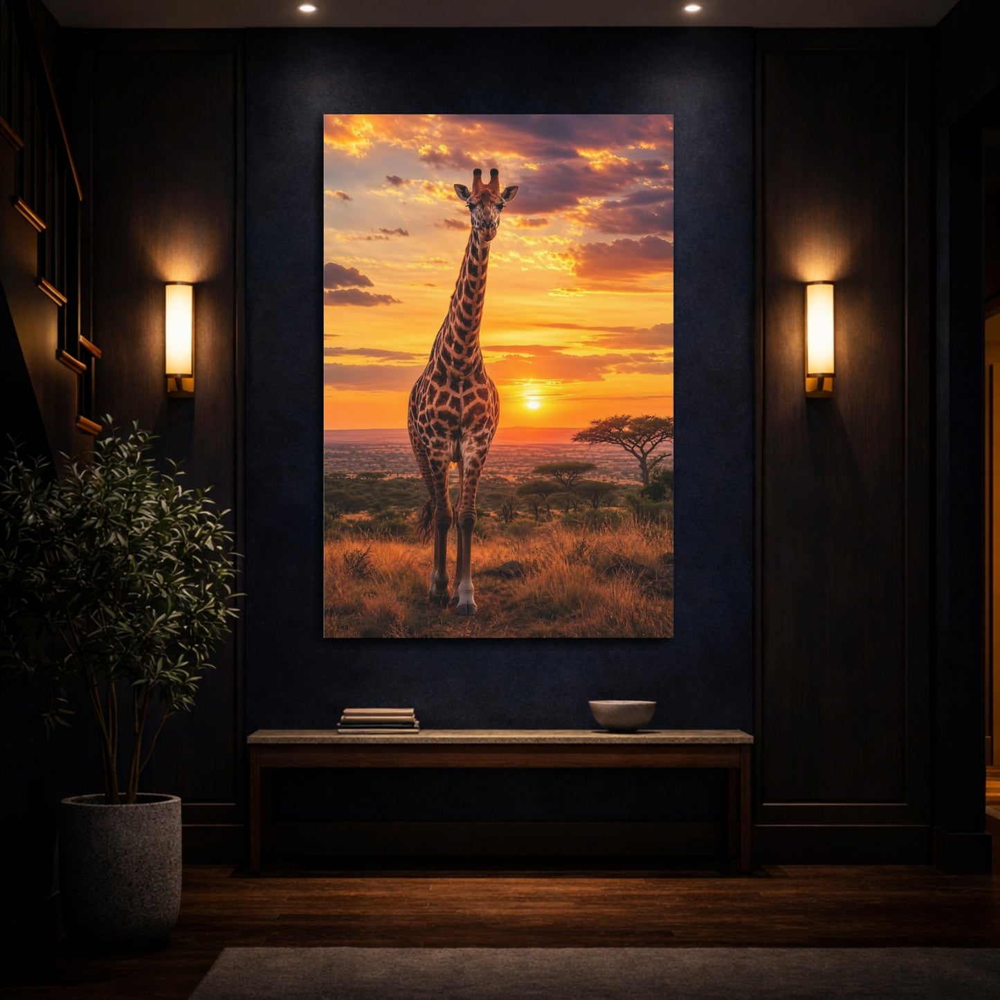 Mockup 4. Animals Giraffe Orange Sunset shown as stretched canvas wall art