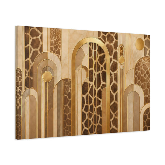 Main Mockup. Animals Giraffe Pattern Brown And Gold shown as stretched canvas wall art