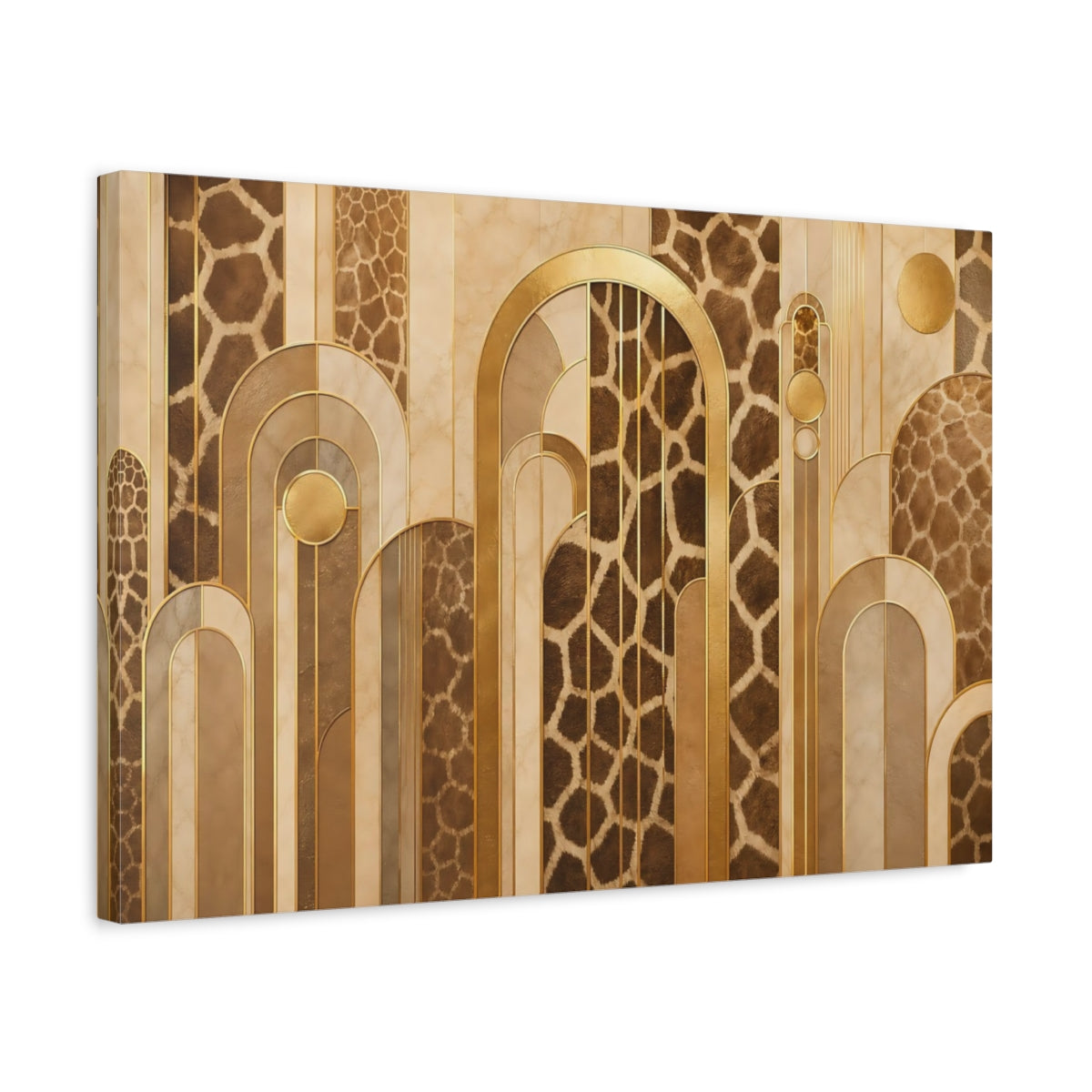 Side Mockup 3. Animals Giraffe Pattern Brown And Gold shown as stretched canvas wall art