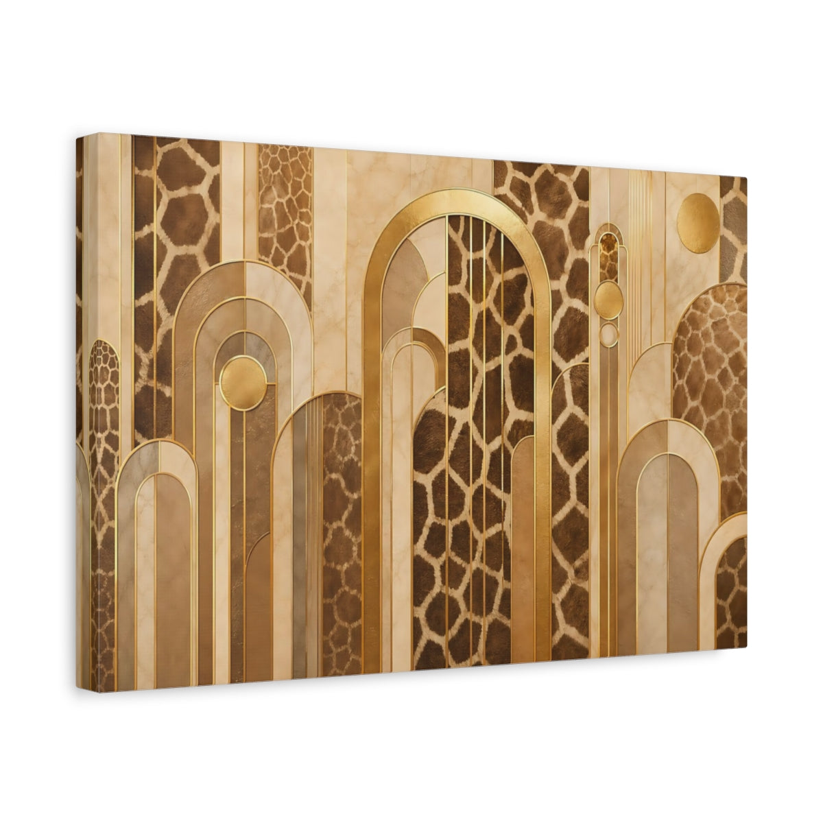 Side Mockup 4. Animals Giraffe Pattern Brown And Gold shown as stretched canvas wall art