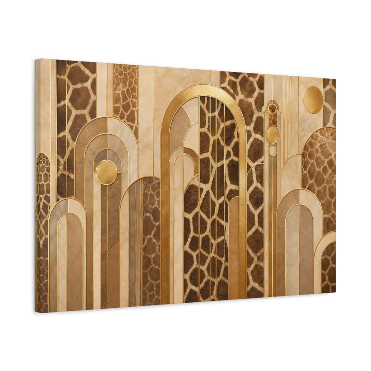 Side Mockup 2. Animals Giraffe Pattern Brown And Gold shown as stretched canvas wall art