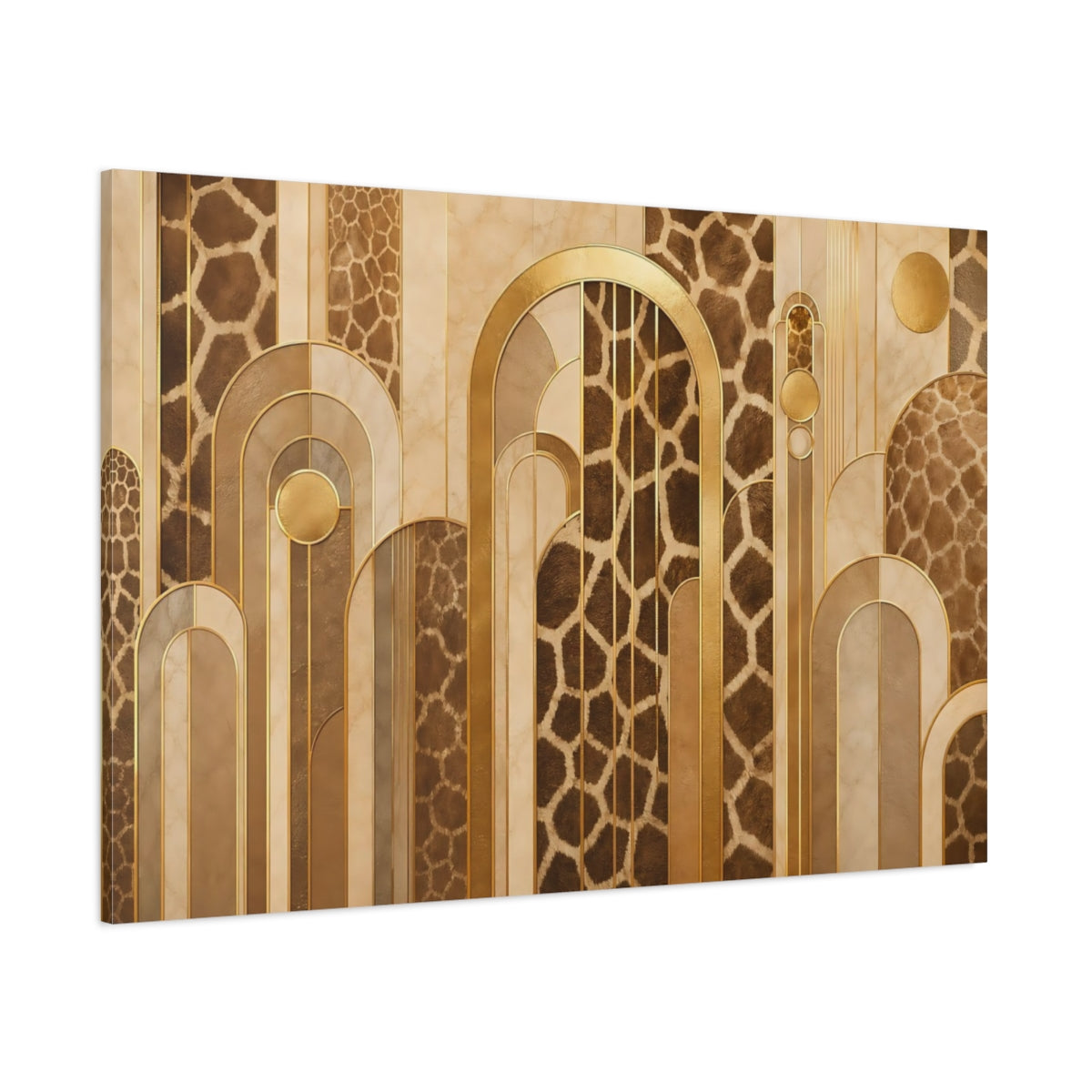 Side Mockup 1. Animals Giraffe Pattern Brown And Gold shown as stretched canvas wall art