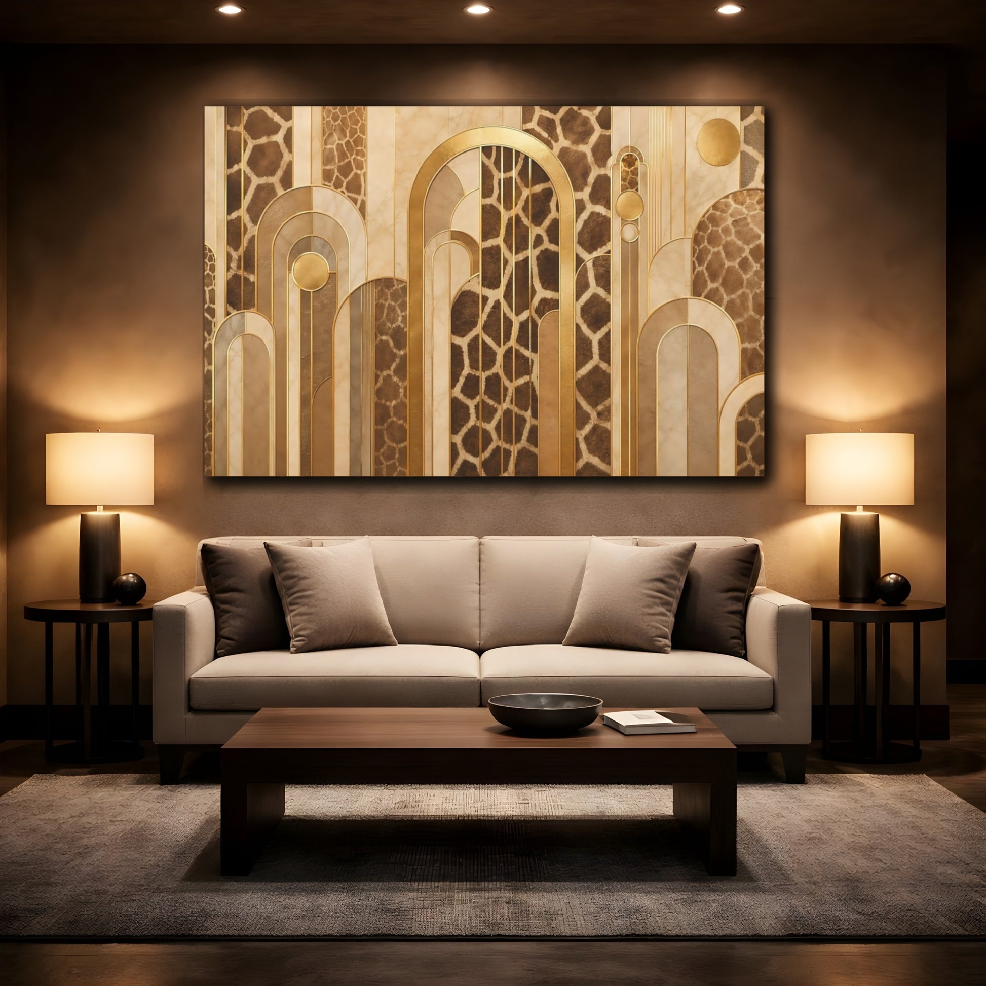 Mockup 2. Animals Giraffe Pattern Brown And Gold shown as stretched canvas wall art