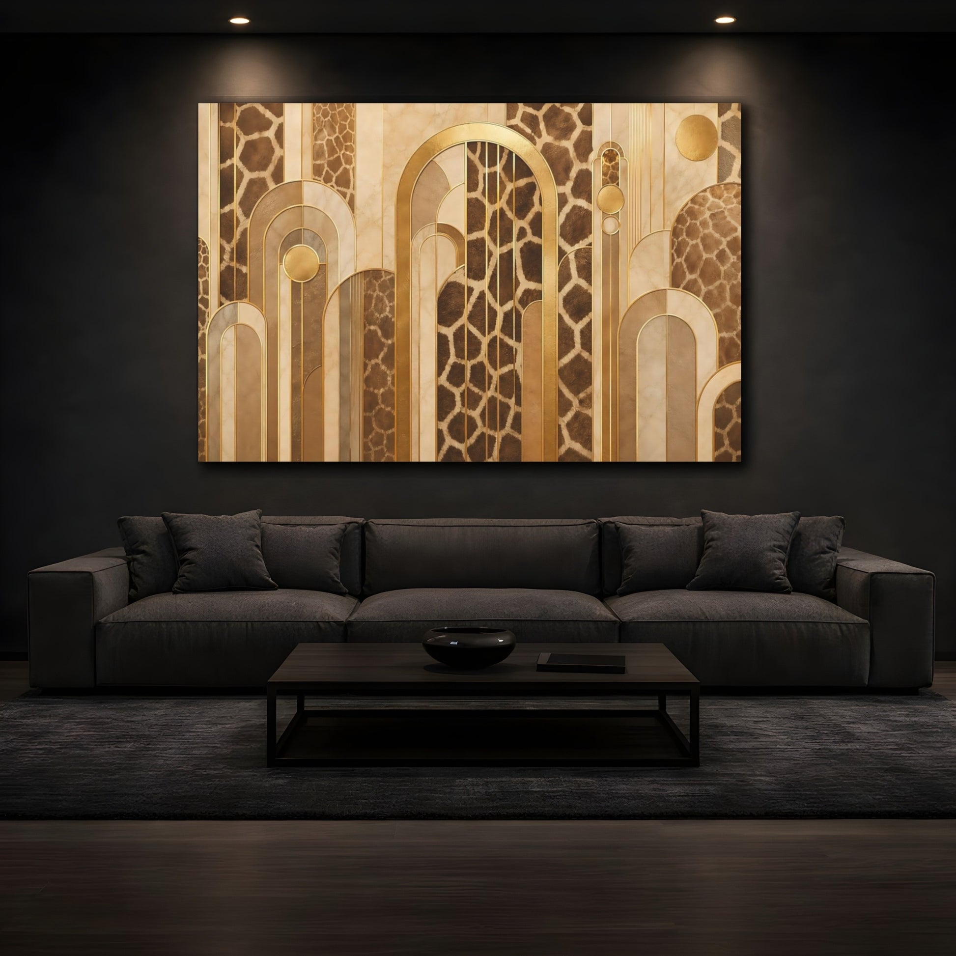 Mockup 3. Animals Giraffe Pattern Brown And Gold shown as stretched canvas wall art