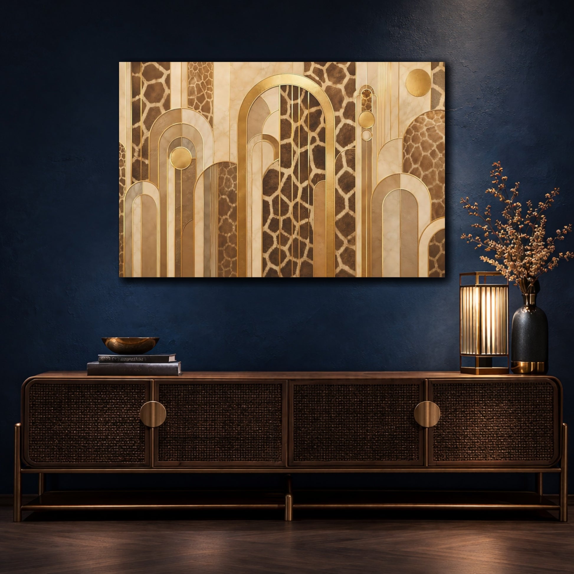 Mockup 4. Animals Giraffe Pattern Brown And Gold shown as stretched canvas wall art