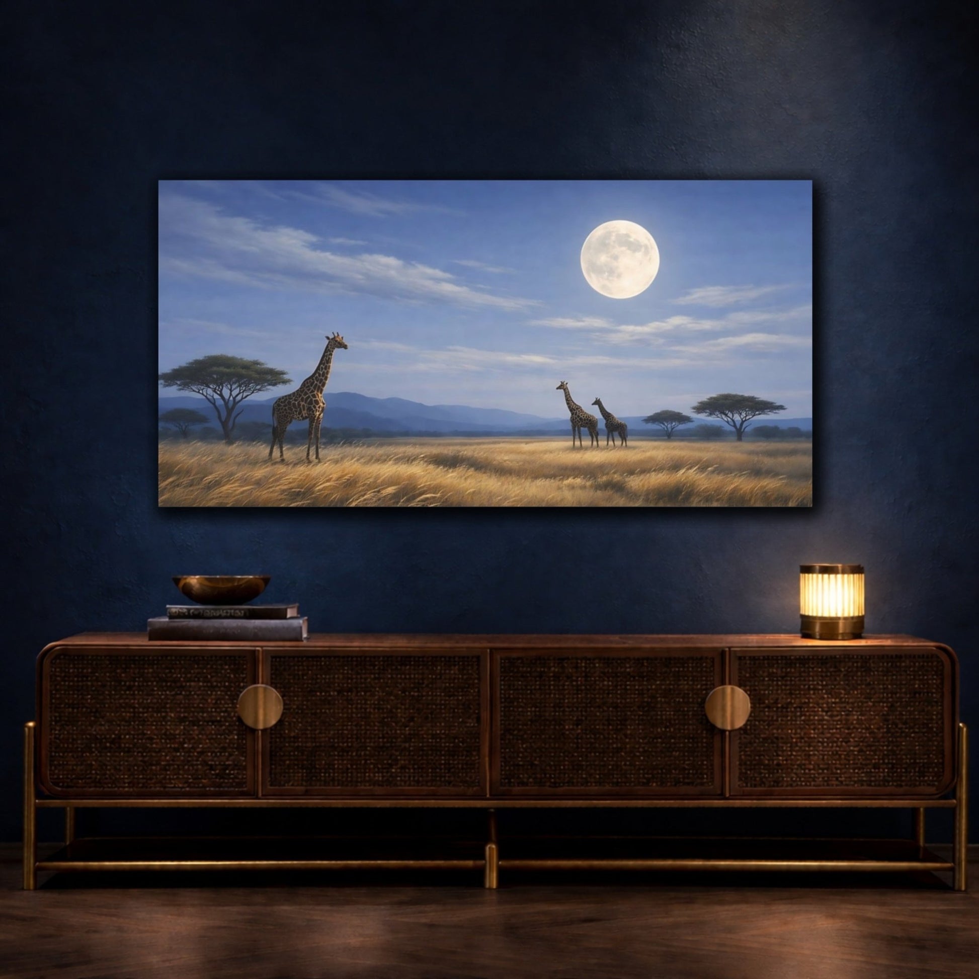 Animals Giraffes Moonlight - Canvas Wall Art Print - YesArtYes
