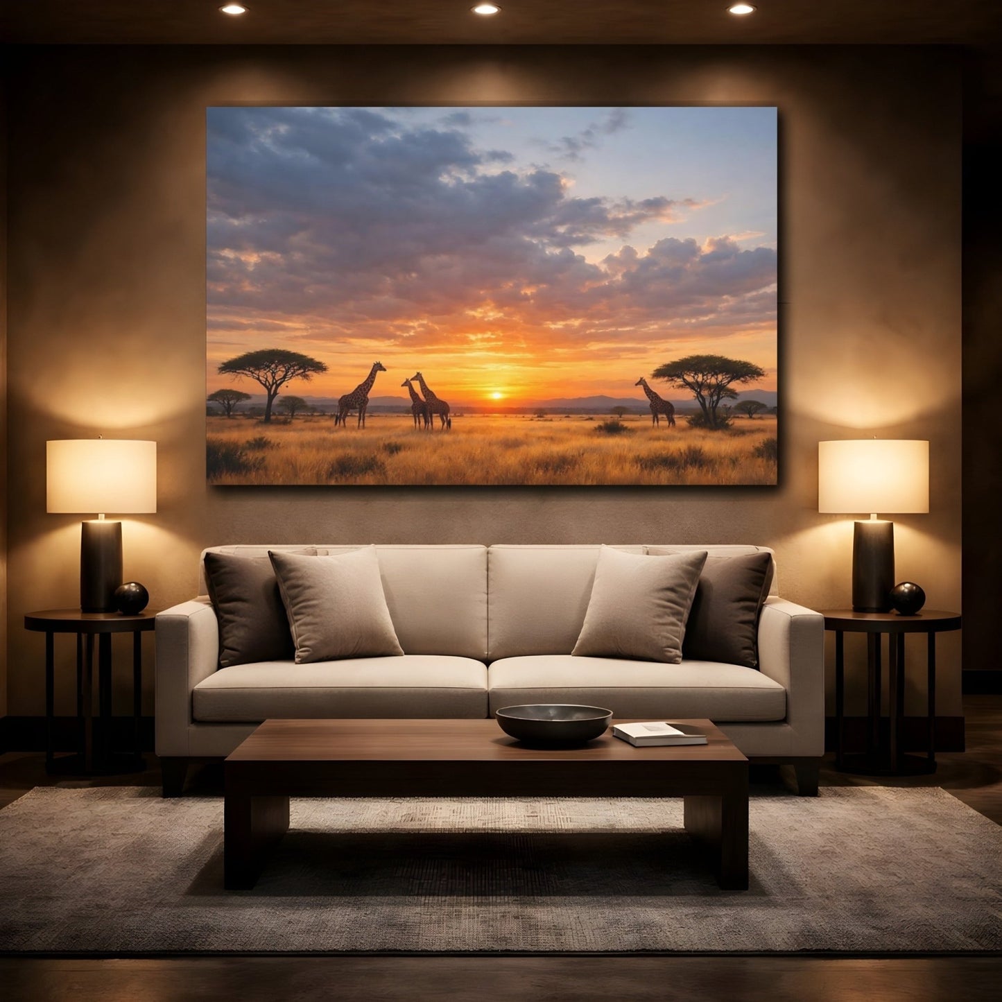 Animals Giraffes Orange Sunset - Canvas Wall Art Print - YesArtYes