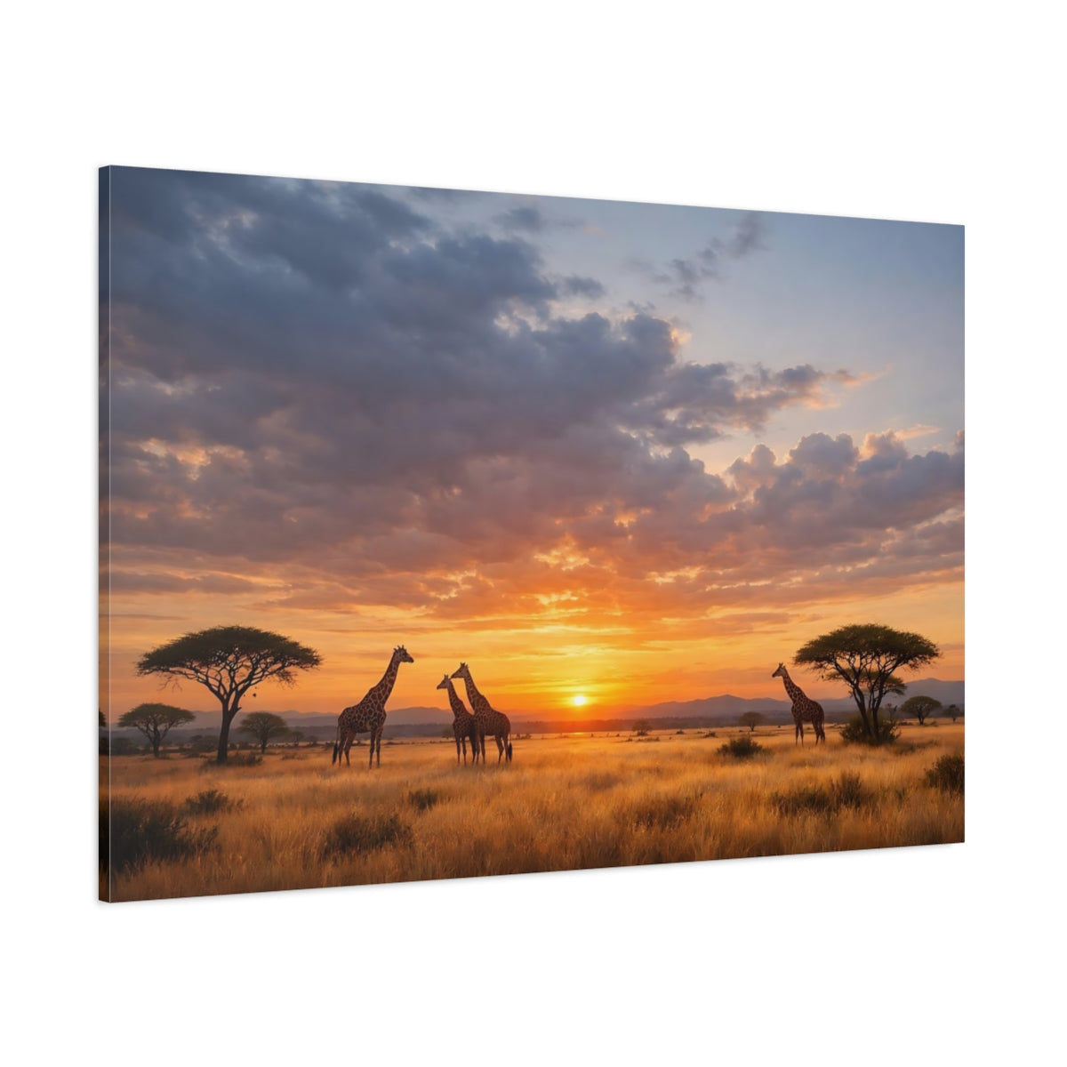 Side Mockup 1. Animals Giraffes Orange Sunset shown as stretched canvas wall art