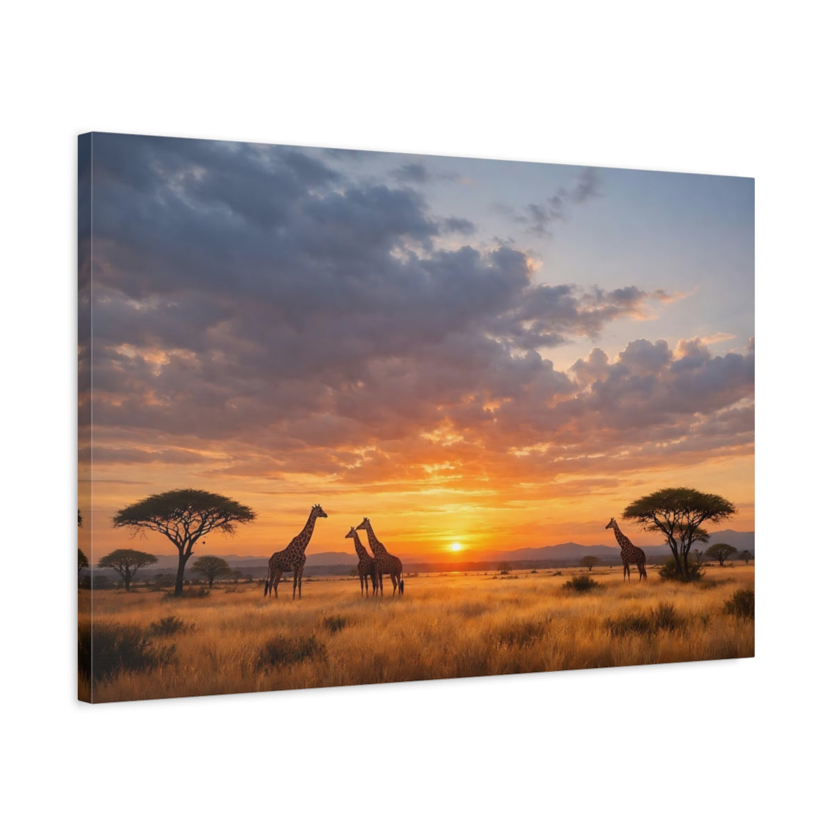 Side Mockup 2. Animals Giraffes Orange Sunset shown as stretched canvas wall art