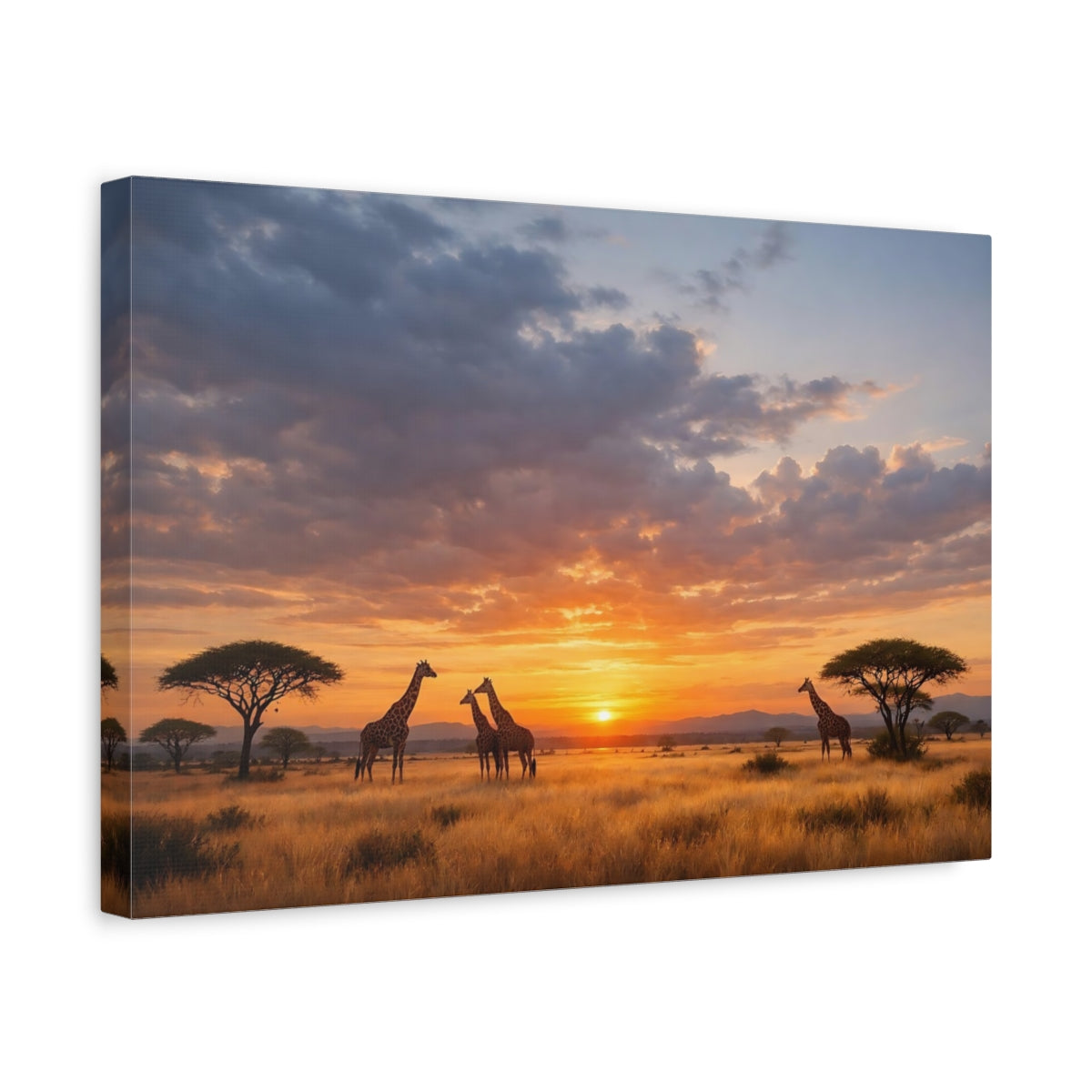 Side Mockup 4. Animals Giraffes Orange Sunset shown as stretched canvas wall art