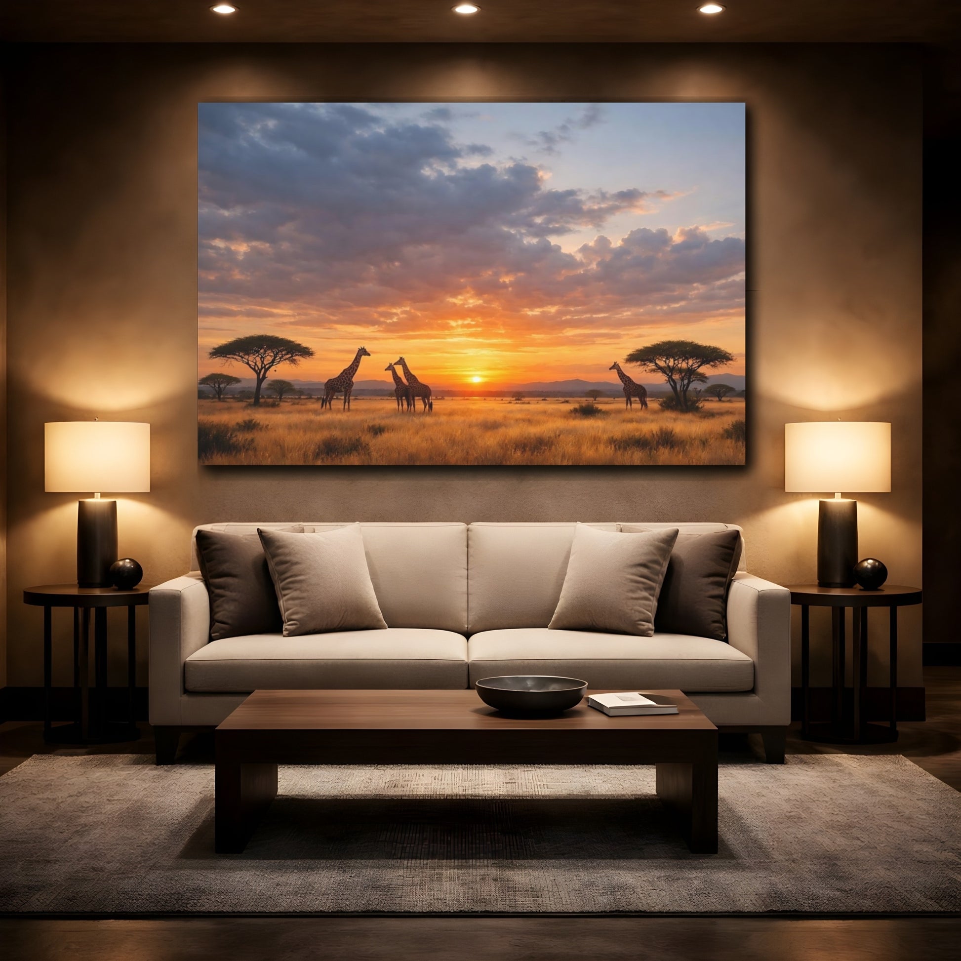 Mockup 2. Animals Giraffes Orange Sunset shown as stretched canvas wall art