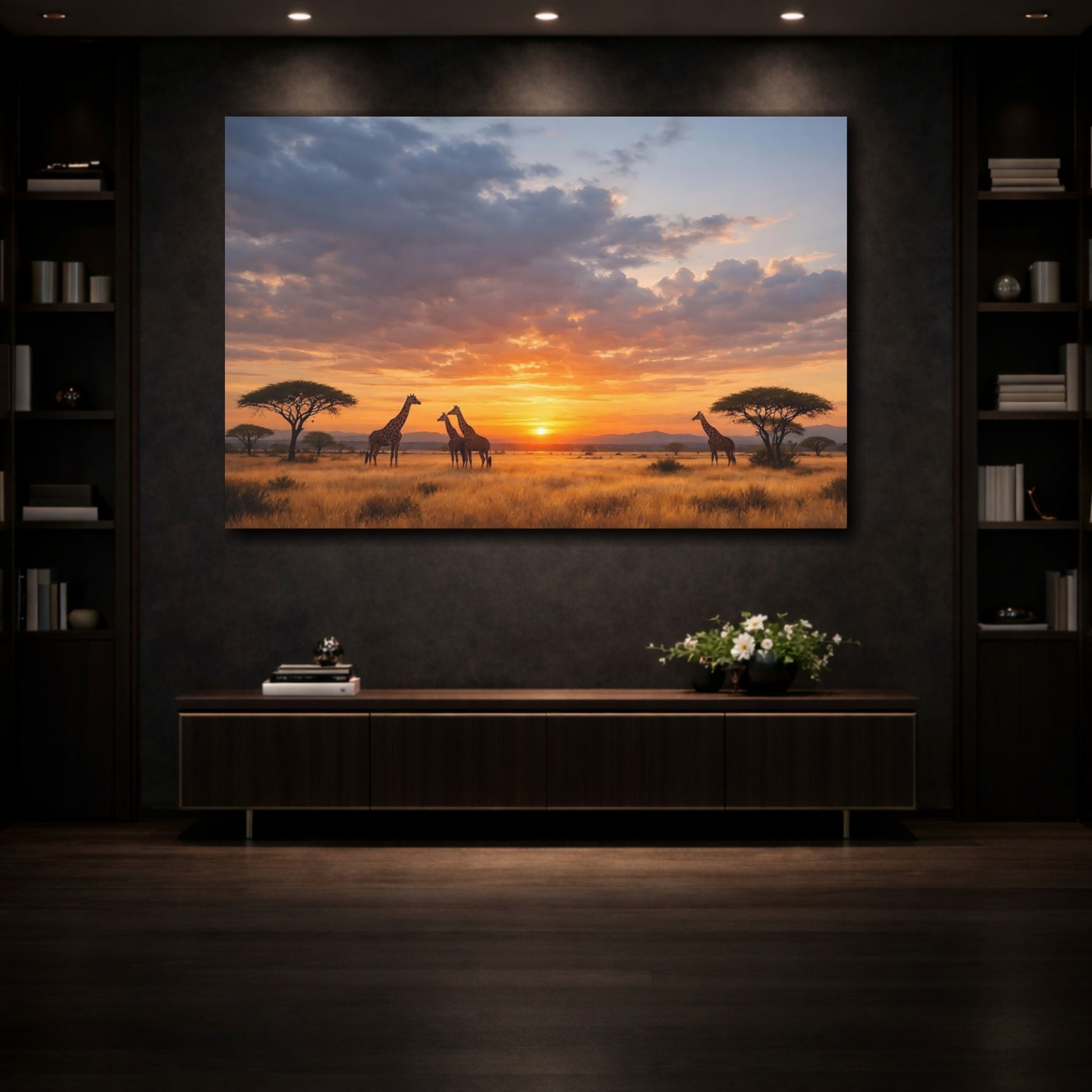 Mockup 3. Animals Giraffes Orange Sunset shown as stretched canvas wall art