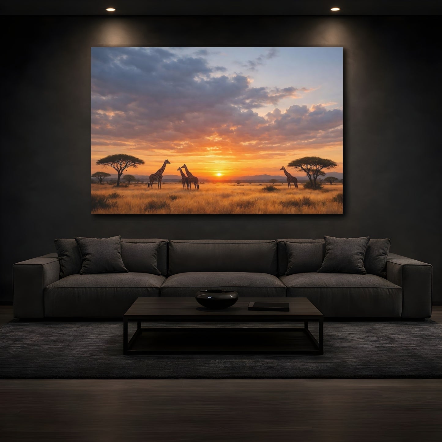 Mockup 4. Animals Giraffes Orange Sunset shown as stretched canvas wall art
