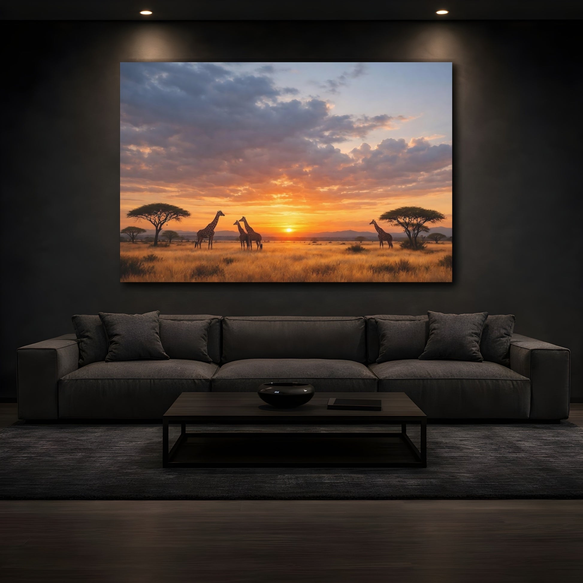 Mockup 4. Animals Giraffes Orange Sunset shown as stretched canvas wall art
