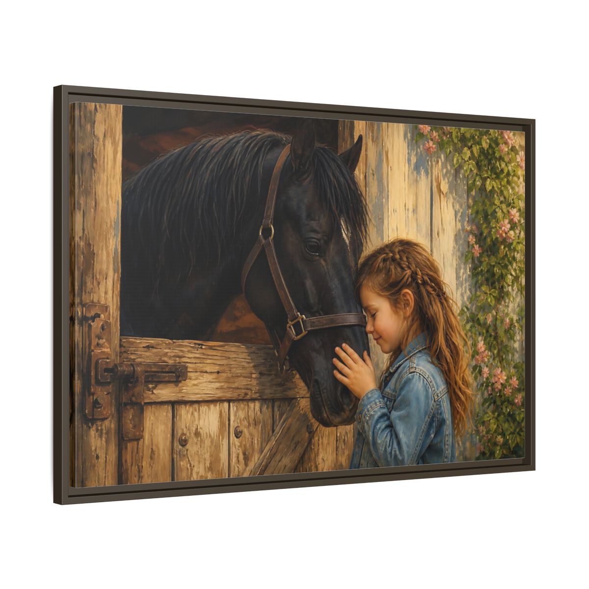 Main Mockup. Animals Girl And Horse Child Horse Love shown as stretched canvas wall art