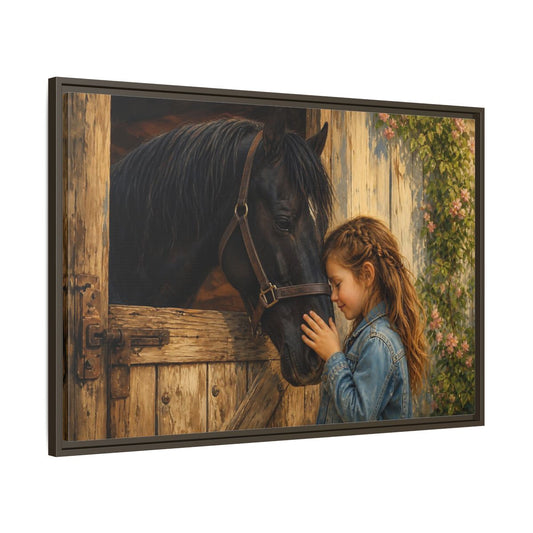 Main Mockup. Animals Girl And Horse Child Horse Love shown as stretched canvas wall art