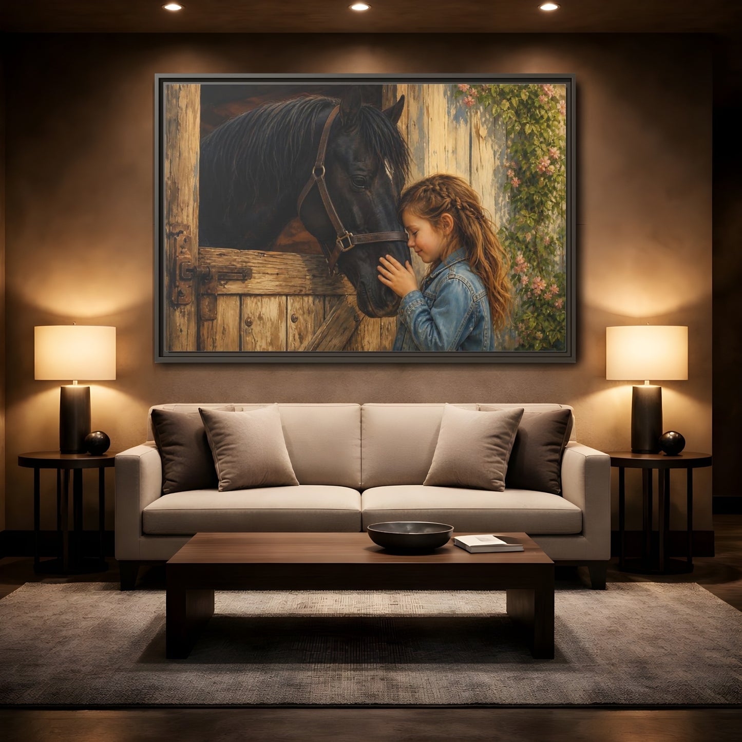 Mockup 2. Animals Girl And Horse Child Horse Love shown as stretched canvas wall art