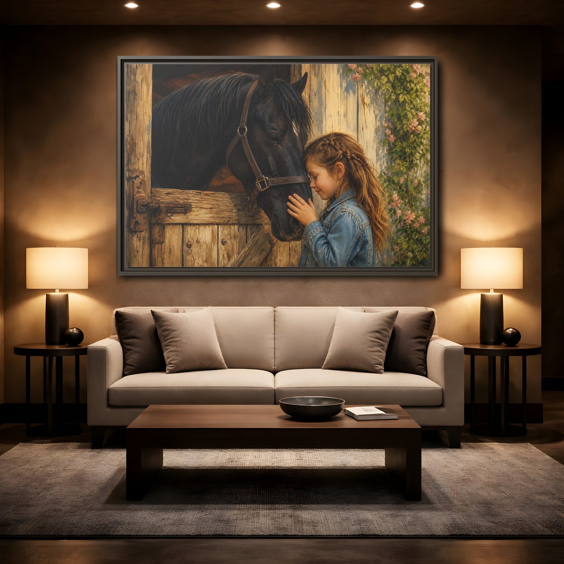 Mockup 2. Animals Girl And Horse Child Horse Love shown as stretched canvas wall art