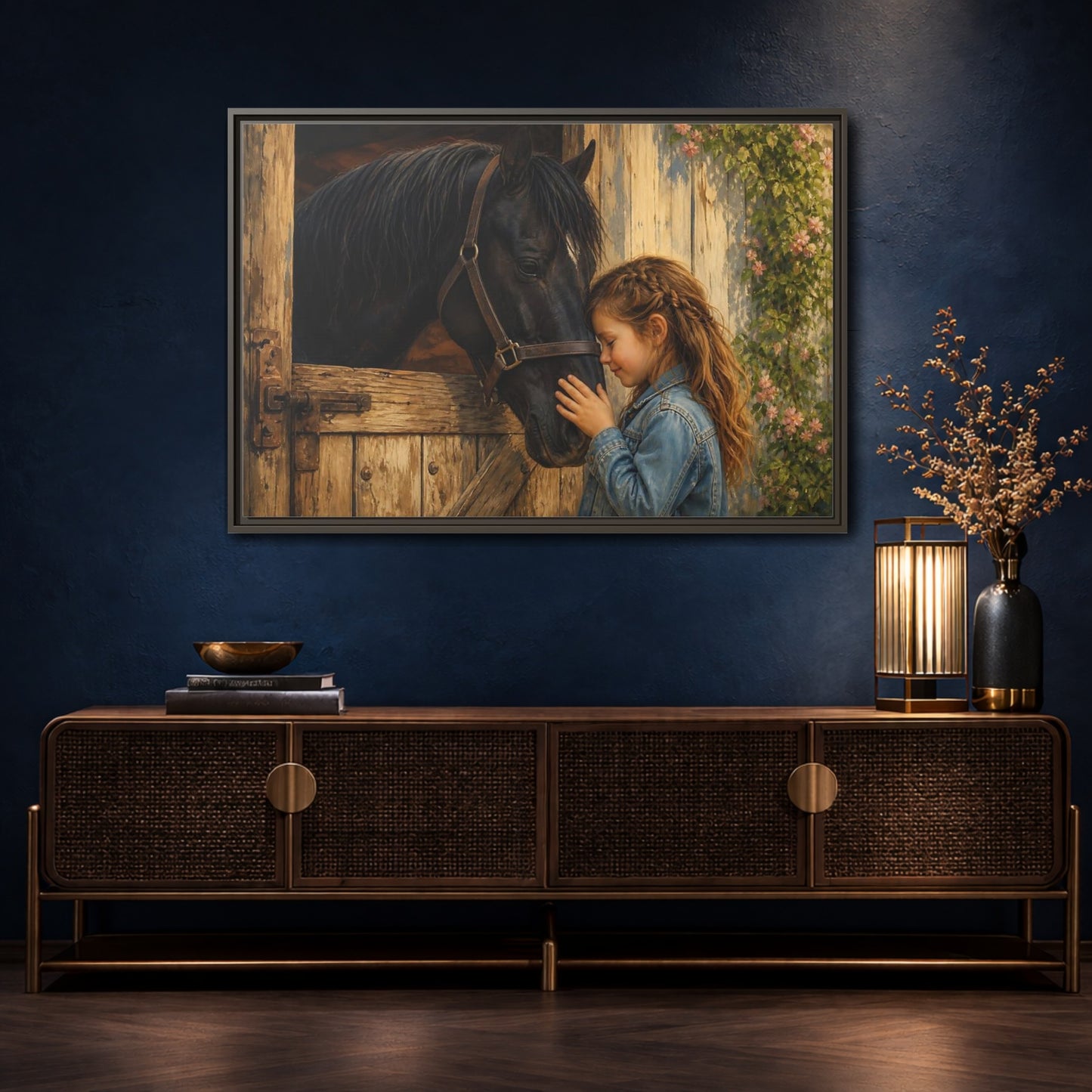 Mockup 4. Animals Girl And Horse Child Horse Love shown as stretched canvas wall art