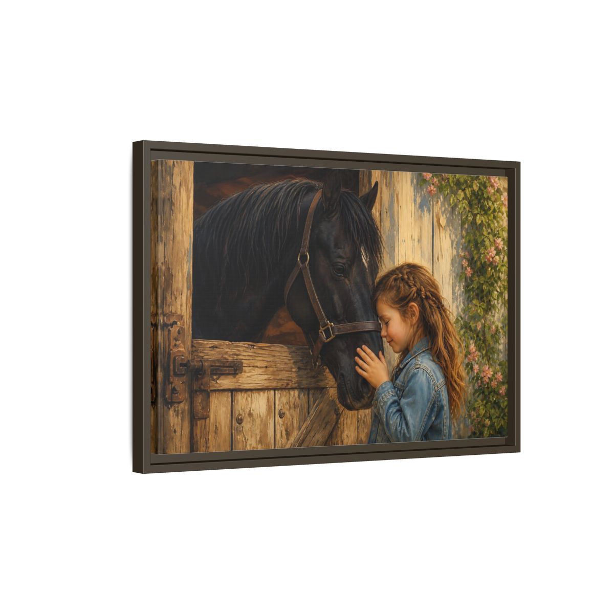 Side Mockup 2. Animals Girl And Horse Child Horse Love shown as stretched canvas wall art