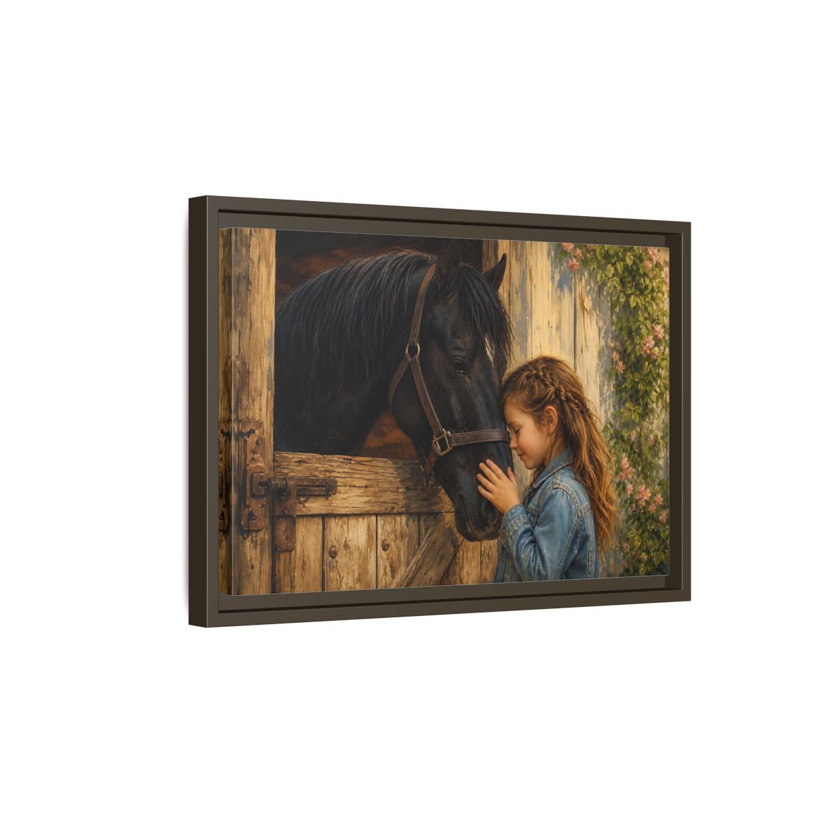 Side Mockup 5. Animals Girl And Horse Child Horse Love shown as stretched canvas wall art