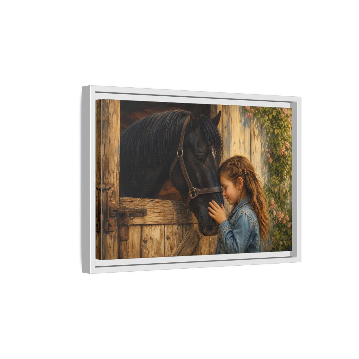 Side Mockup 4. Animals Girl And Horse Child Horse Love shown as stretched canvas wall art