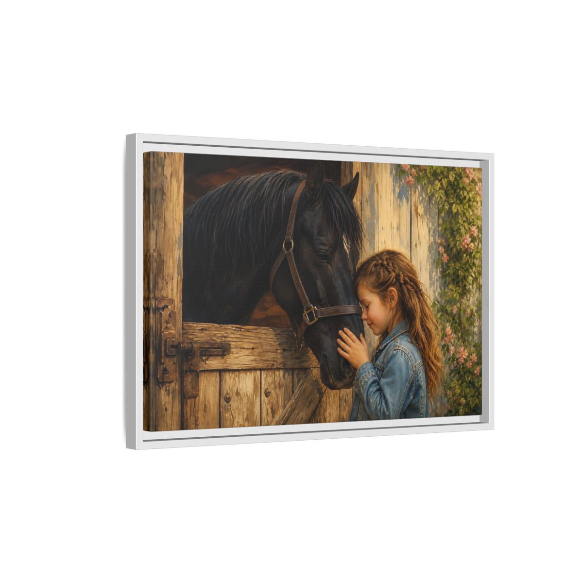 Side Mockup 1. Animals Girl And Horse Child Horse Love shown as stretched canvas wall art
