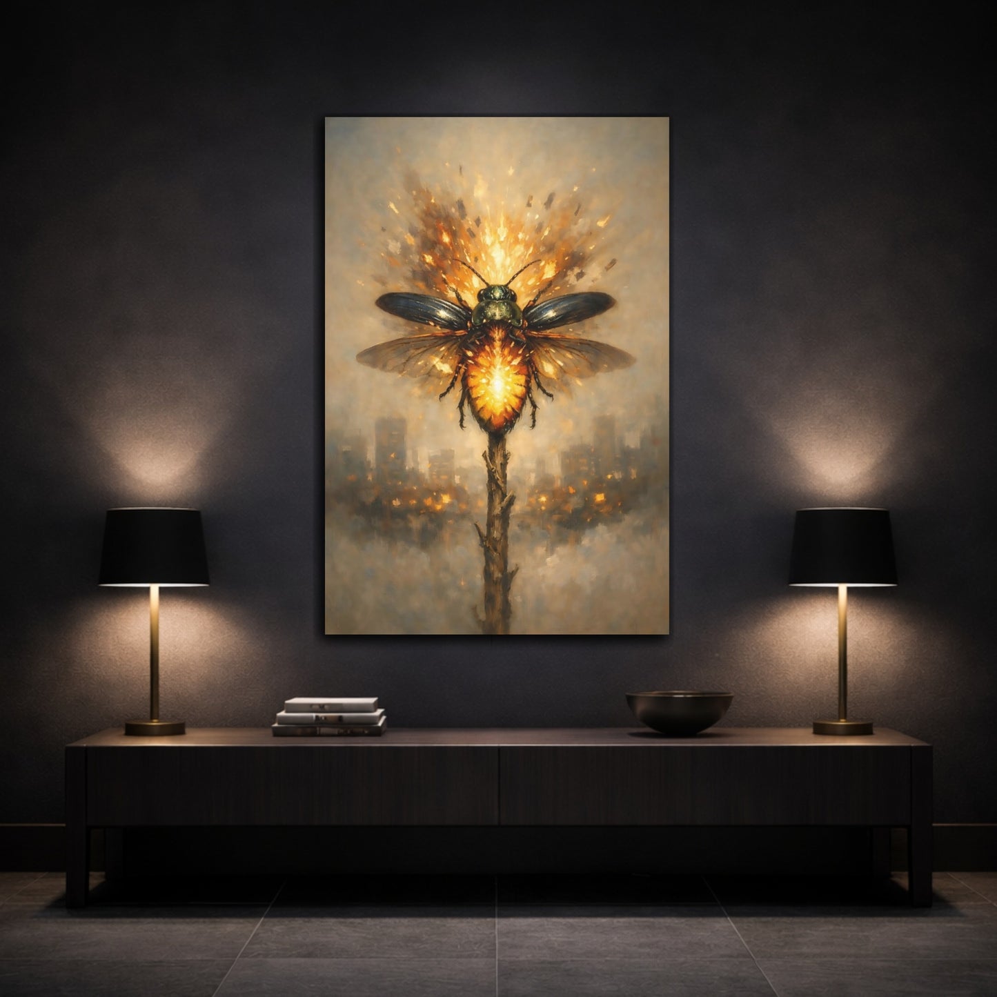 Mockup 2. Animals Glowing Beetle Orange And Brown shown as stretched canvas wall art