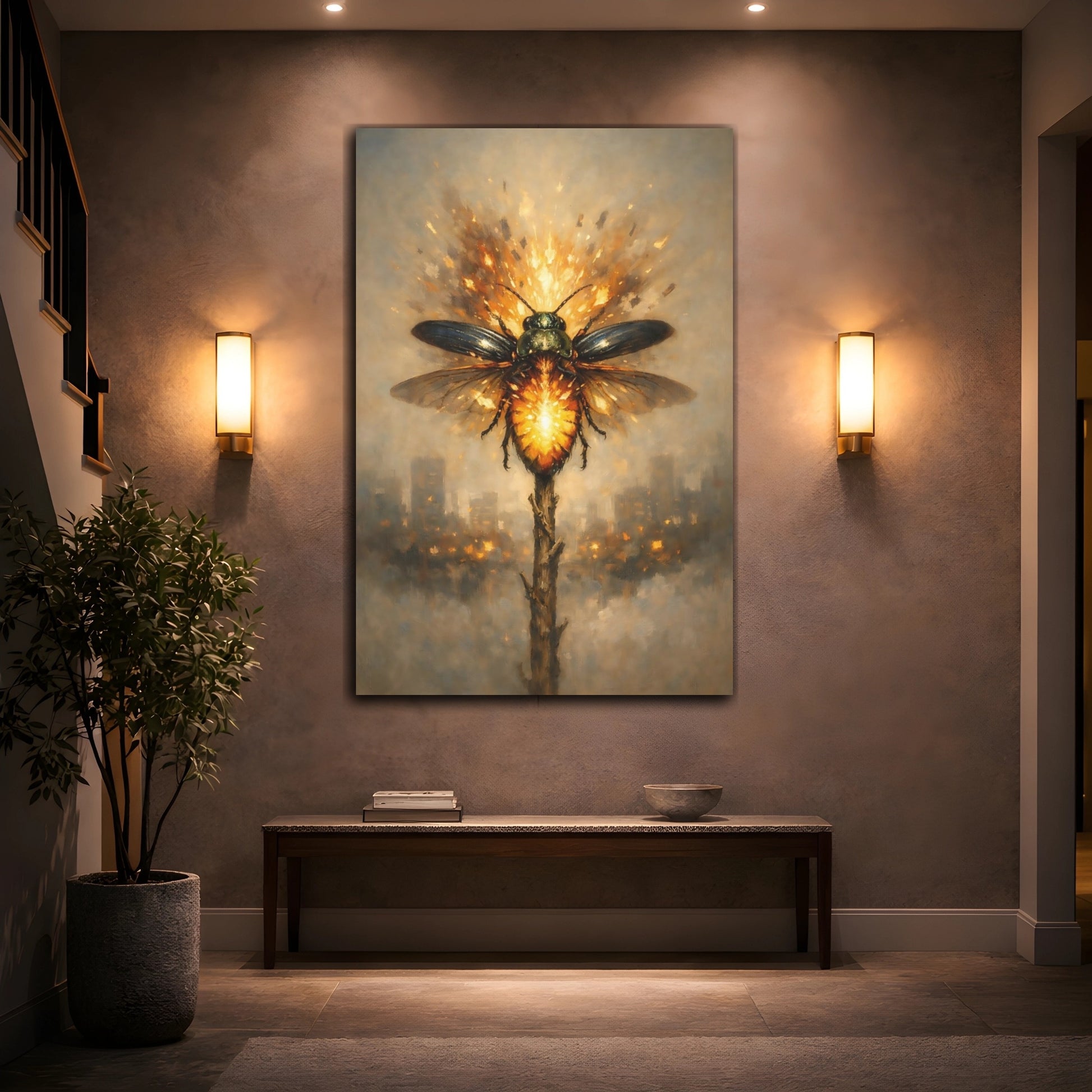 Mockup 3. Animals Glowing Beetle Orange And Brown shown as stretched canvas wall art