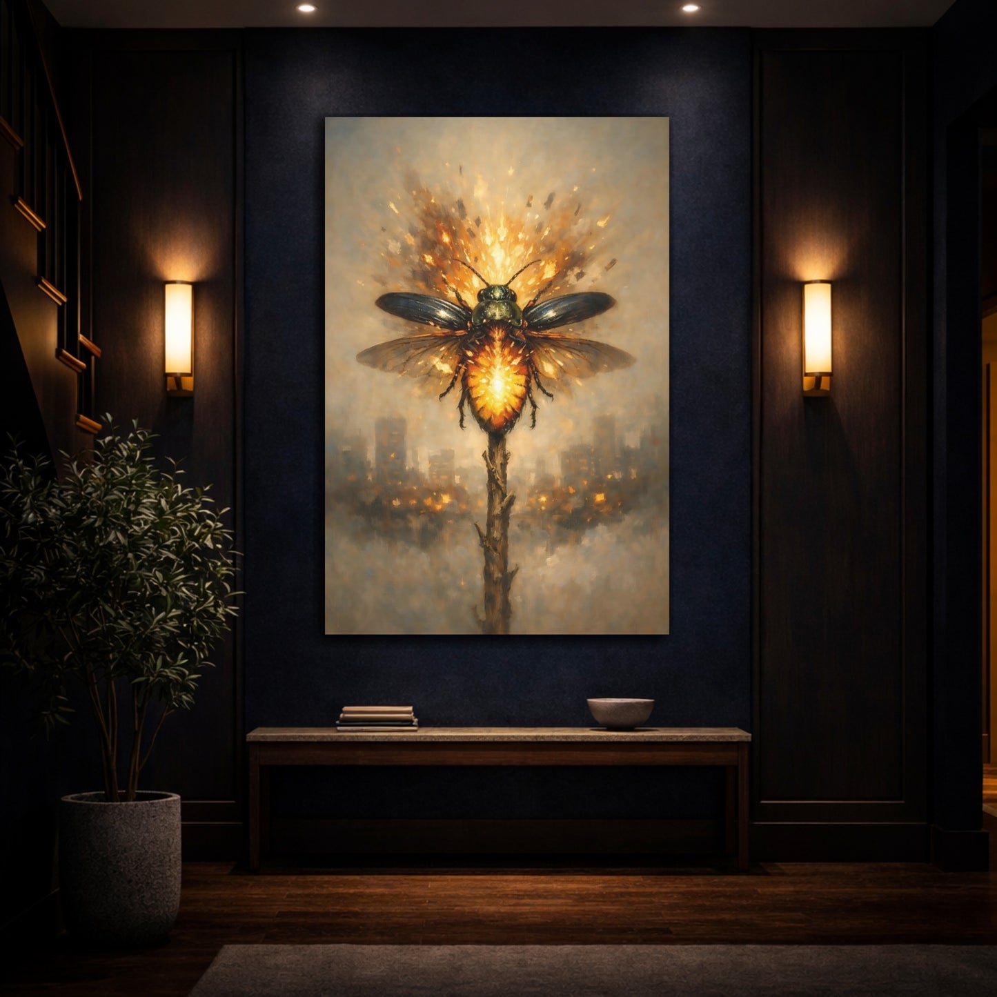 Mockup 4. Animals Glowing Beetle Orange And Brown shown as stretched canvas wall art