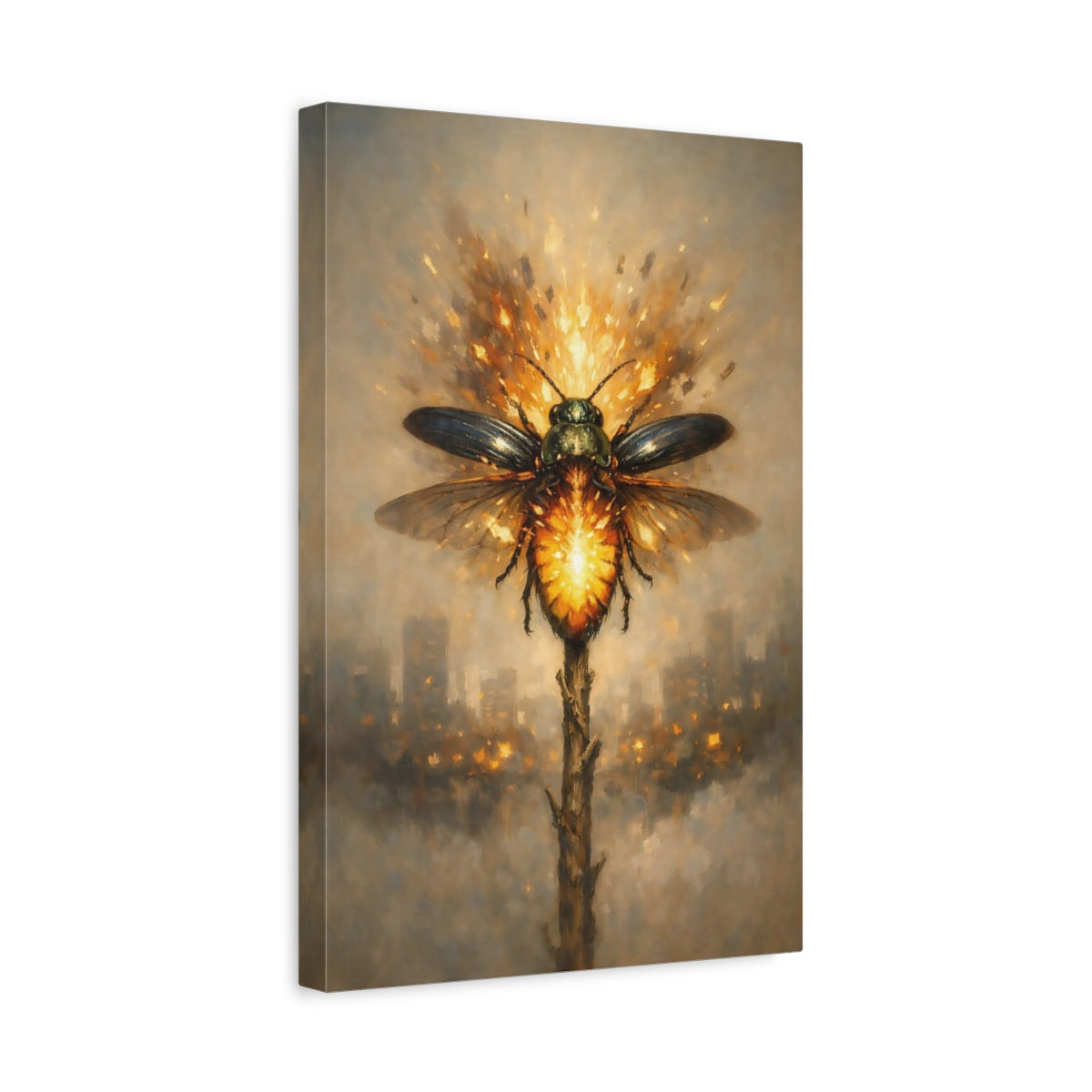 Side Mockup 4. Animals Glowing Beetle Orange And Brown shown as stretched canvas wall art