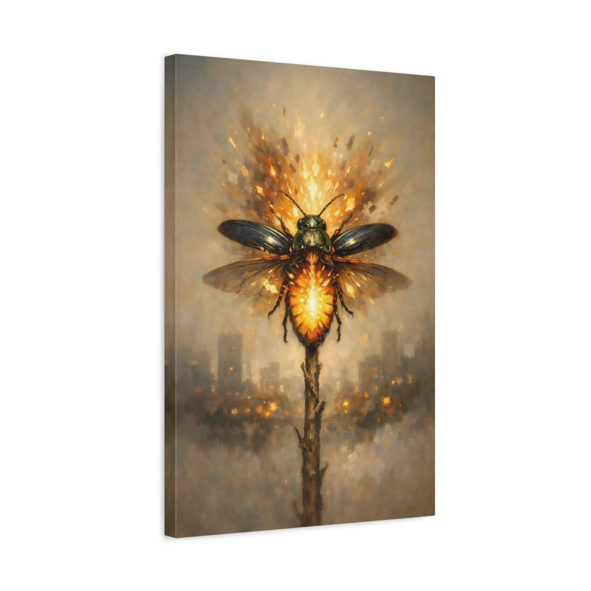 Side Mockup 3. Animals Glowing Beetle Orange And Brown shown as stretched canvas wall art