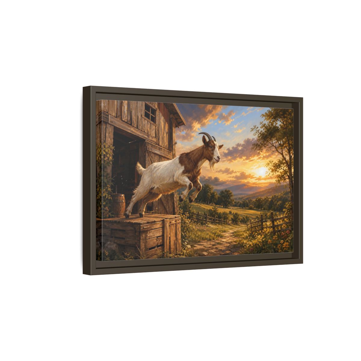Side Mockup 5. Animals Goat Brown And Orange shown as stretched canvas wall art