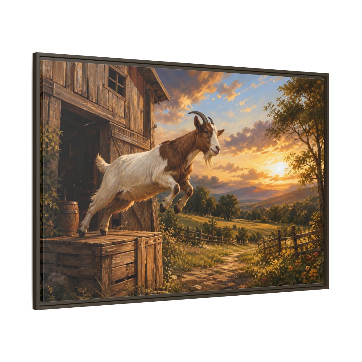 Side Mockup 8. Animals Goat Brown And Orange shown as stretched canvas wall art