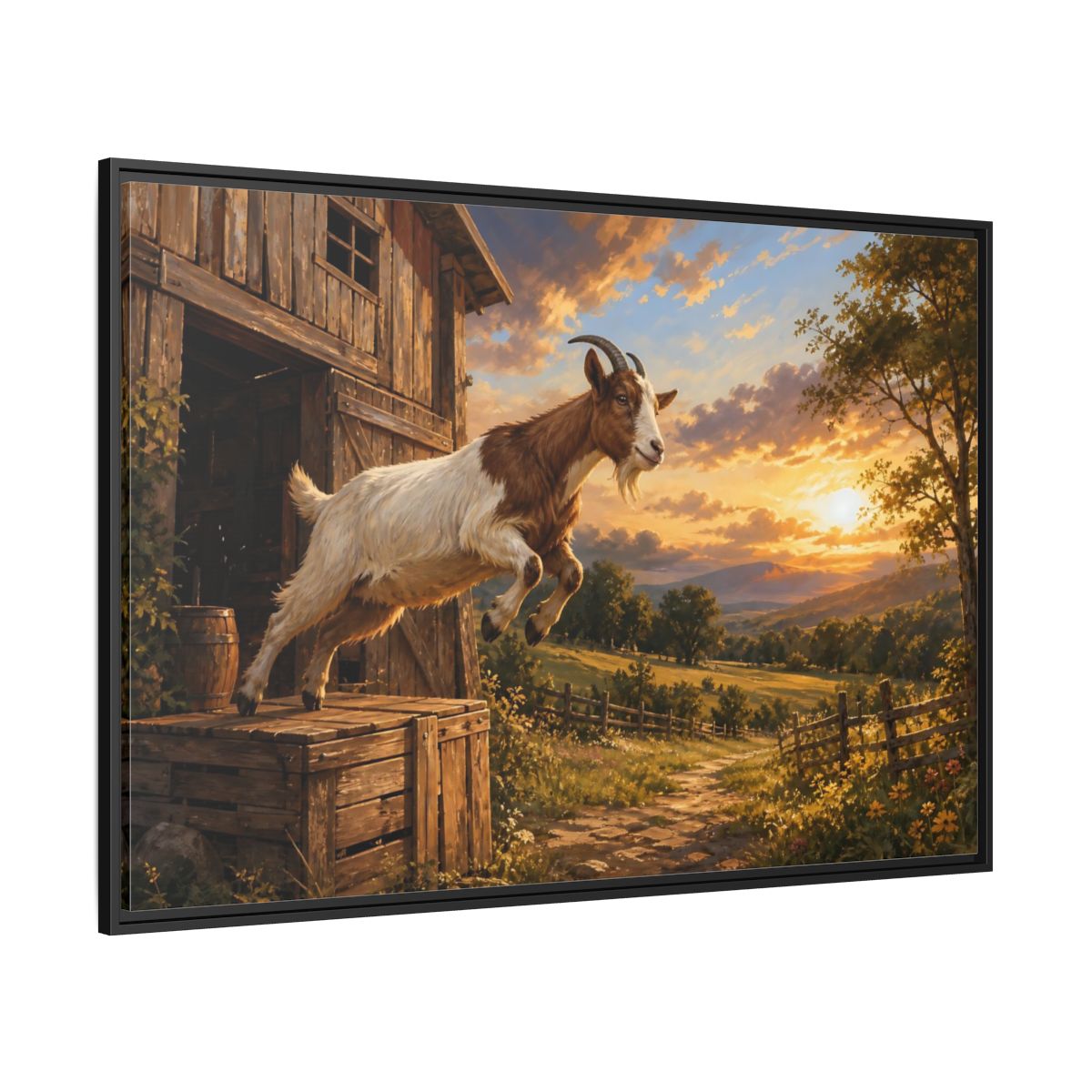 Side Mockup 12. Animals Goat Brown And Orange shown as stretched canvas wall art