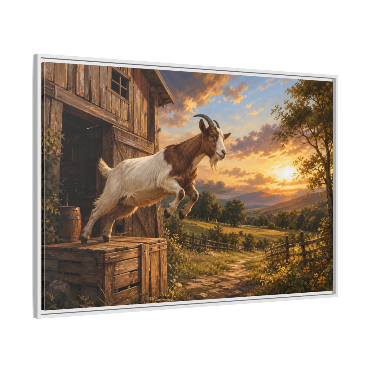 Side Mockup 7. Animals Goat Brown And Orange shown as stretched canvas wall art