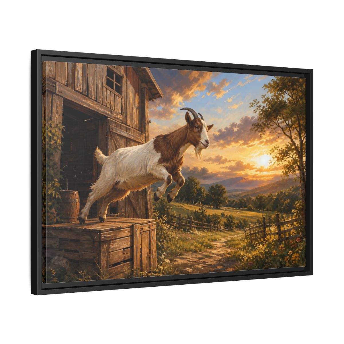 Side Mockup 14. Animals Goat Brown And Orange shown as stretched canvas wall art