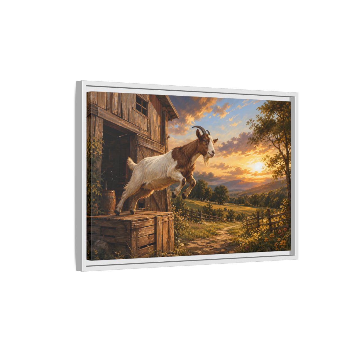 Side Mockup 1. Animals Goat Brown And Orange shown as stretched canvas wall art