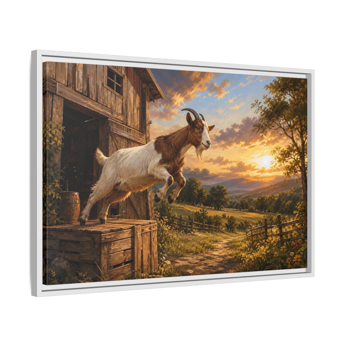 Side Mockup 10. Animals Goat Brown And Orange shown as stretched canvas wall art