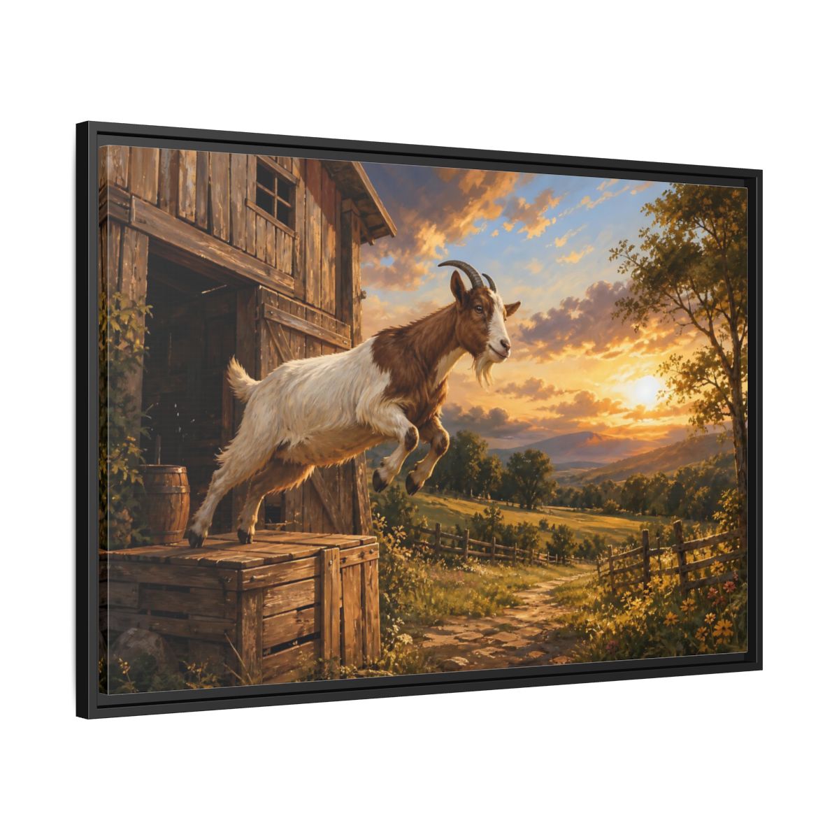 Side Mockup 13. Animals Goat Brown And Orange shown as stretched canvas wall art