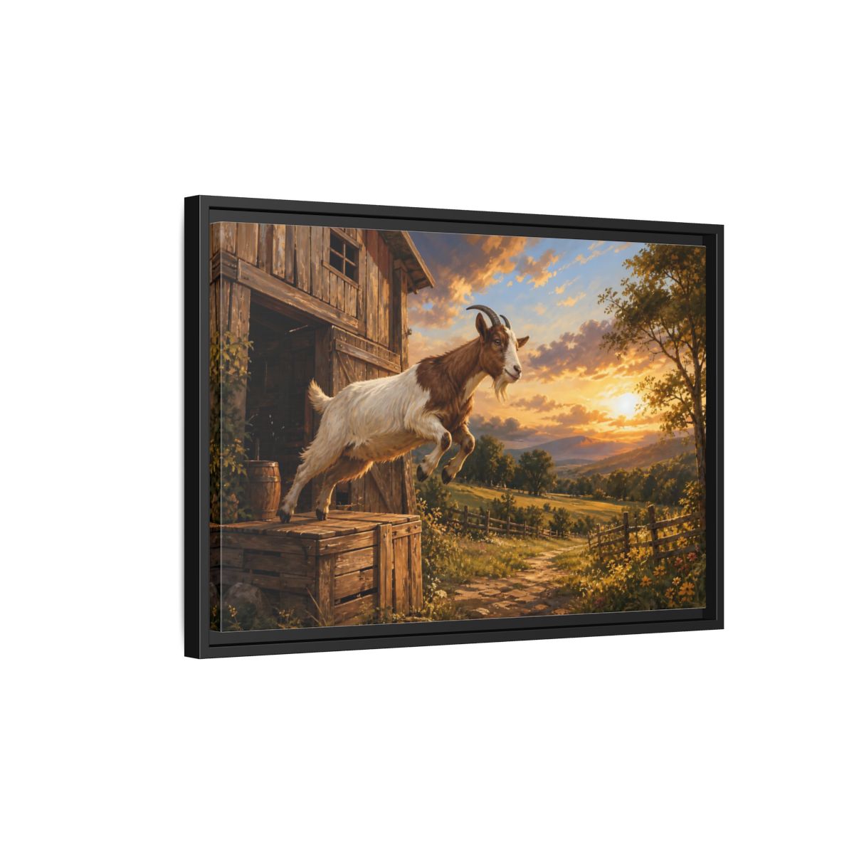 Side Mockup 3. Animals Goat Brown And Orange shown as stretched canvas wall art