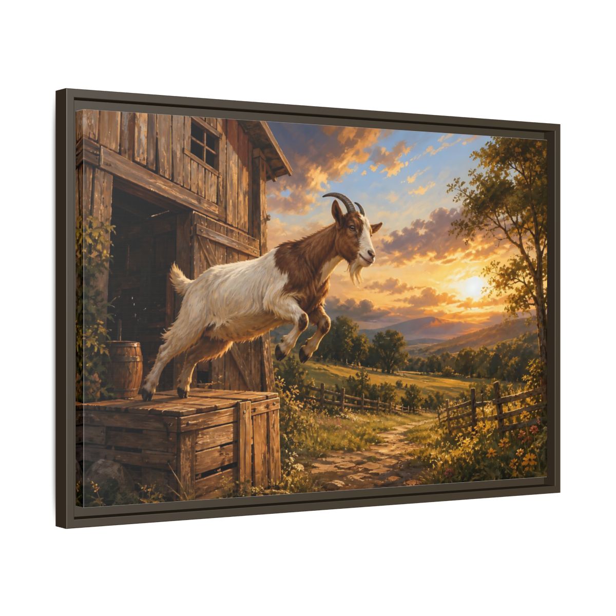 Side Mockup 11. Animals Goat Brown And Orange shown as stretched canvas wall art