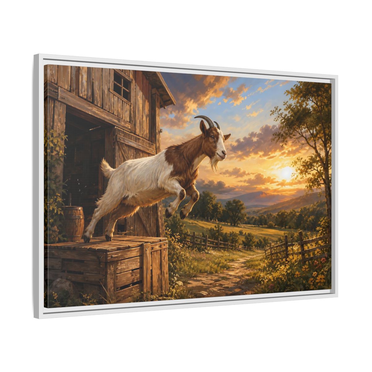 Side Mockup 9. Animals Goat Brown And Orange shown as stretched canvas wall art